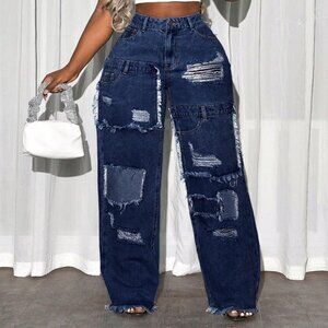 Blue Casual Women's Plus Size Street Ripped Denim Jeans